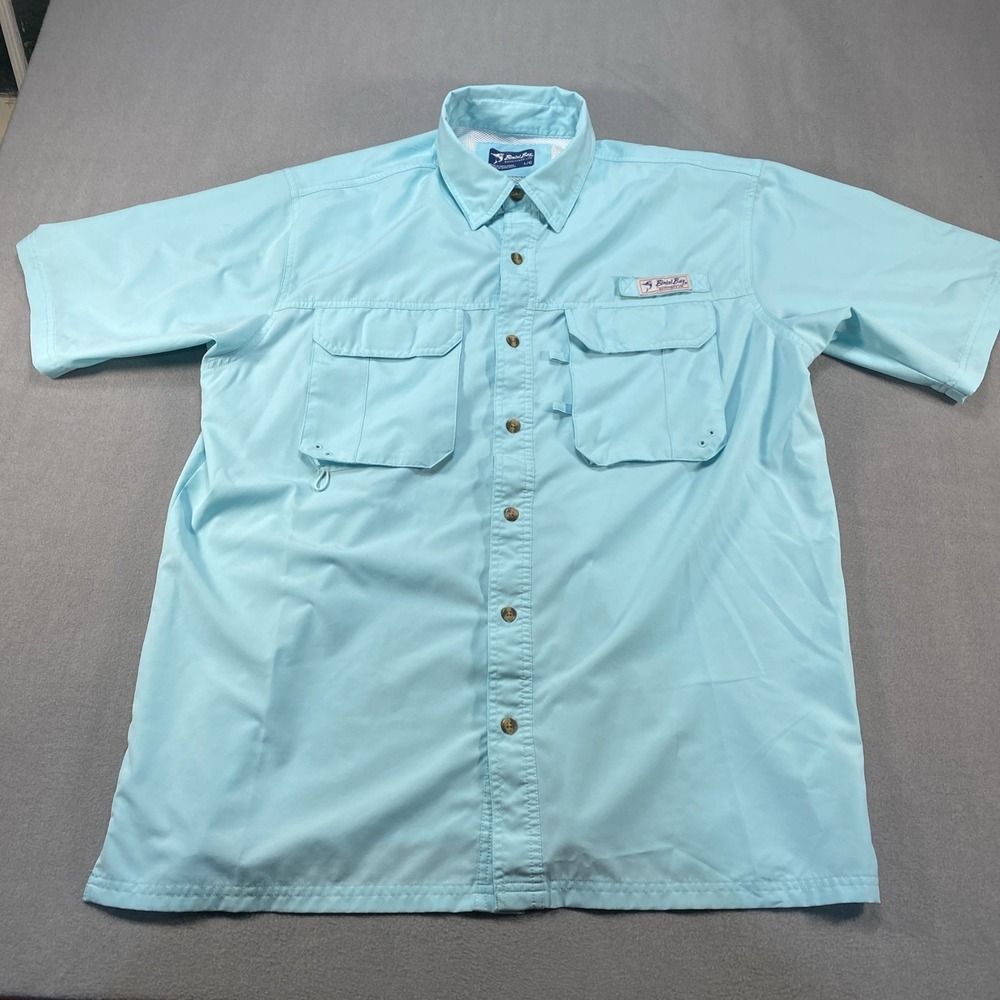 Bimini Bay Outfitter Mens Button Up Shirt L Blue Vented Fishing Short Sleeve